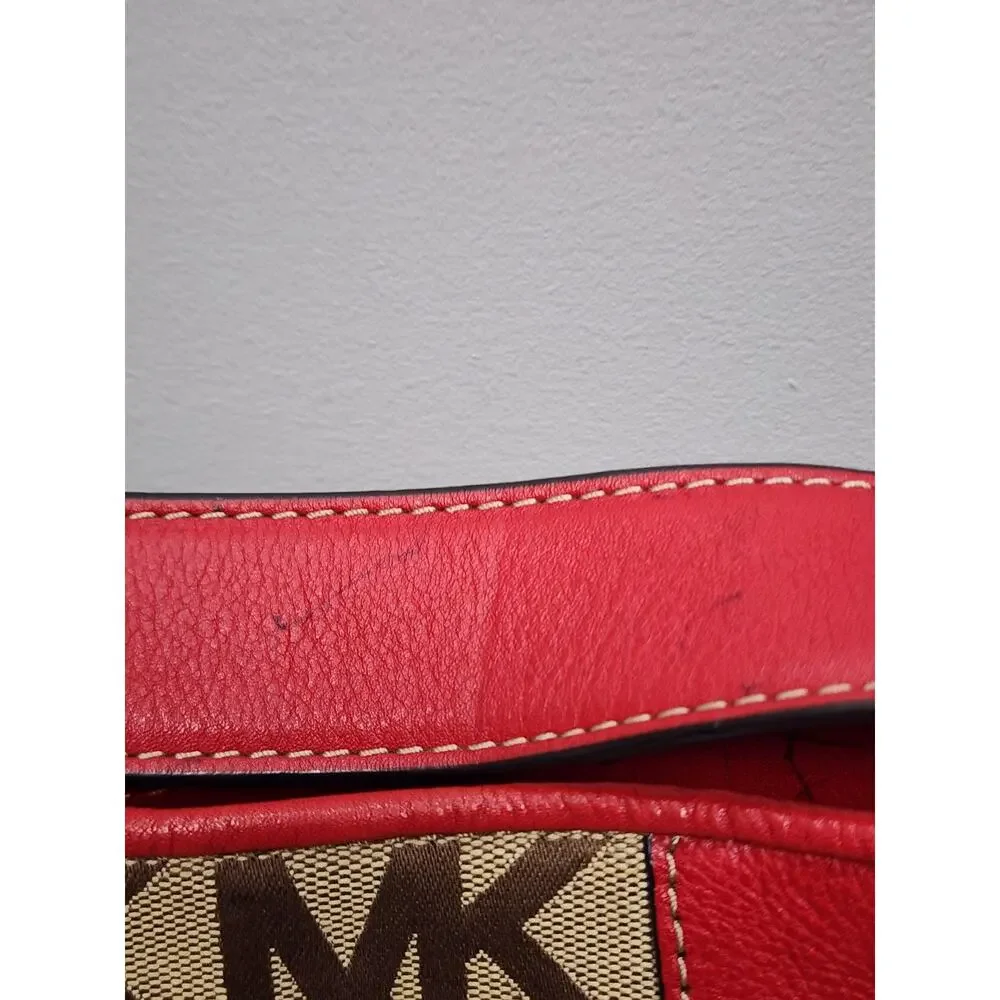 Preowned Michael Kors Brookville Burgundy And Beige Large Shoulder Bag Purse